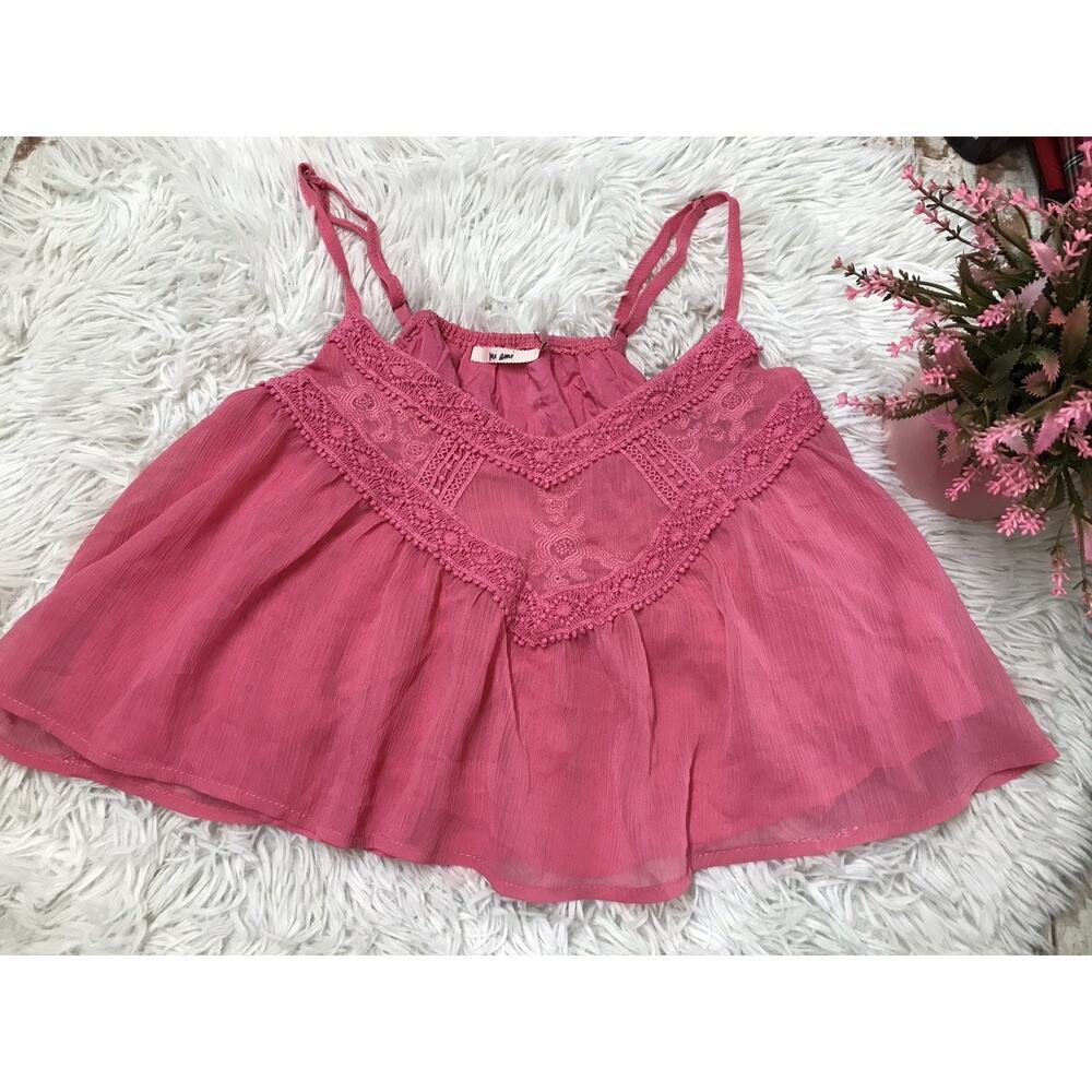 Mi Ami Pink Francesca Tank Top Women’s Sm Boho Festival Flounce Crop Strappy $40